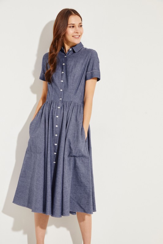 Ausgestelltes Baumwoll-Kleid Blau