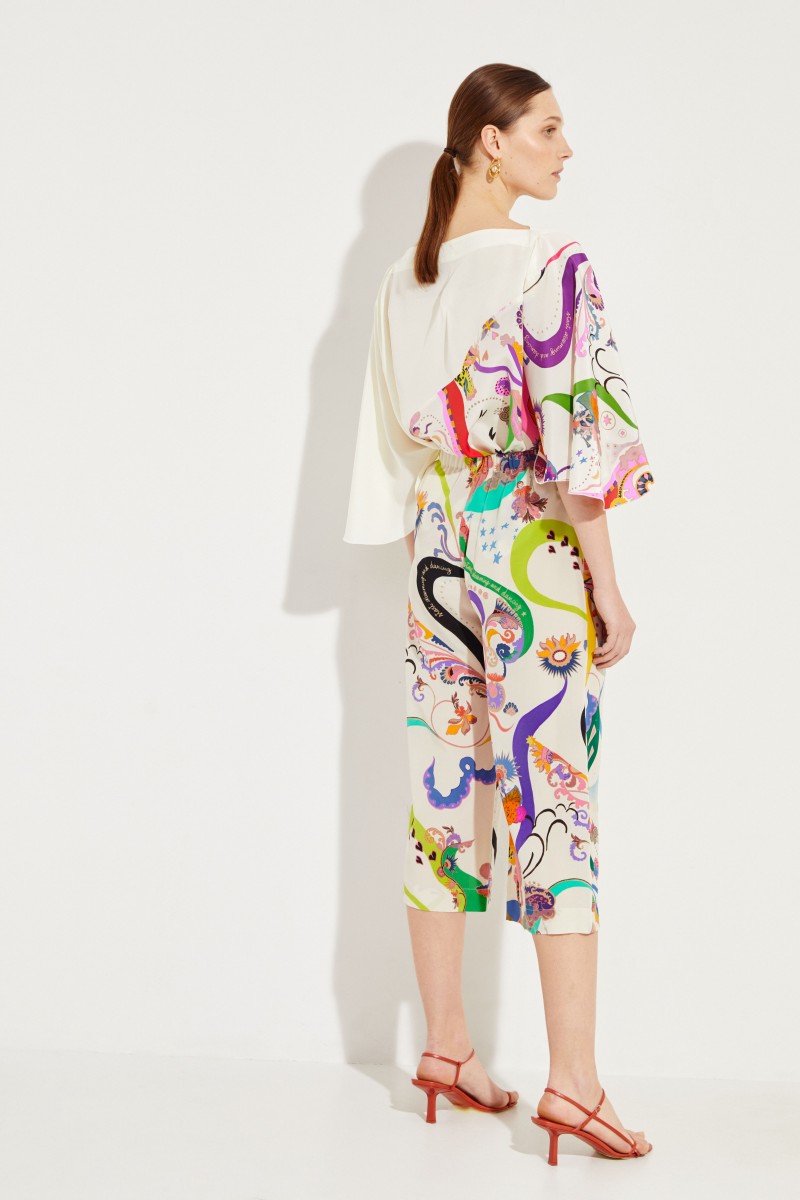 Seiden-Hose mit Print Weiß/Multi