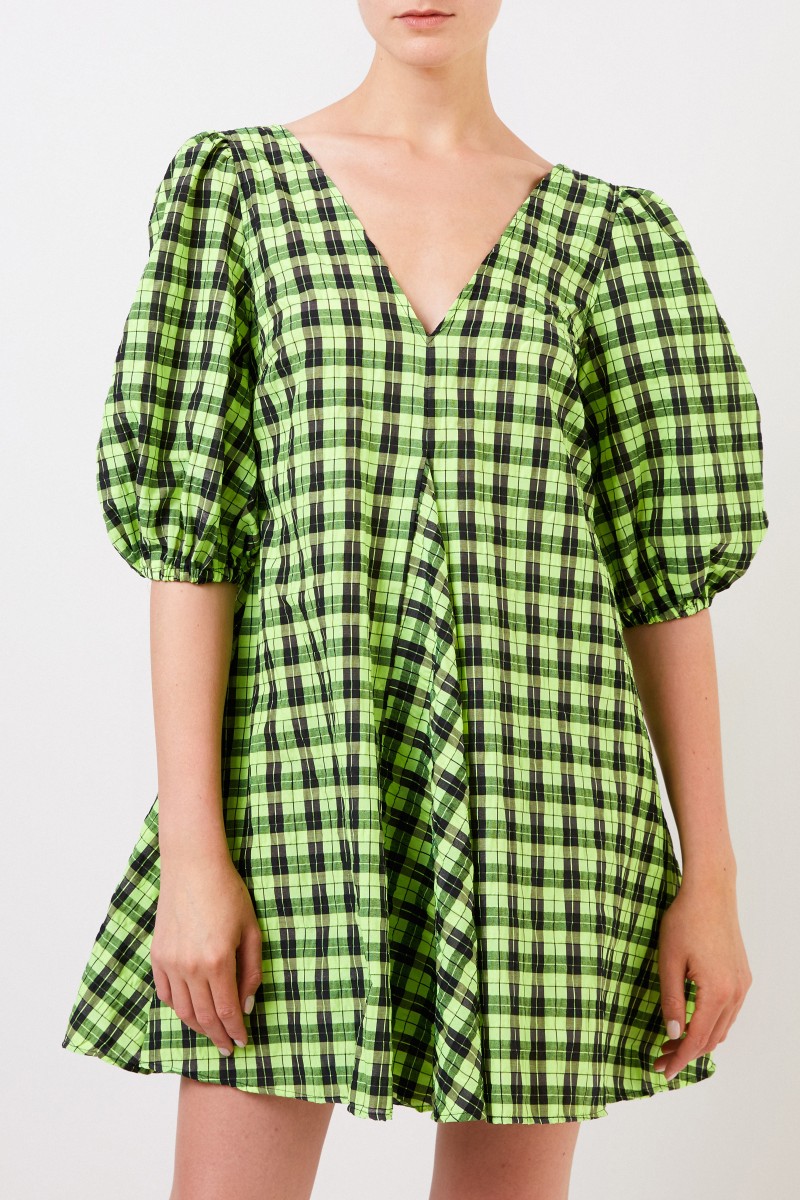 Ganni Kariertes Kleid mit V-Neck Grün/Schwarz