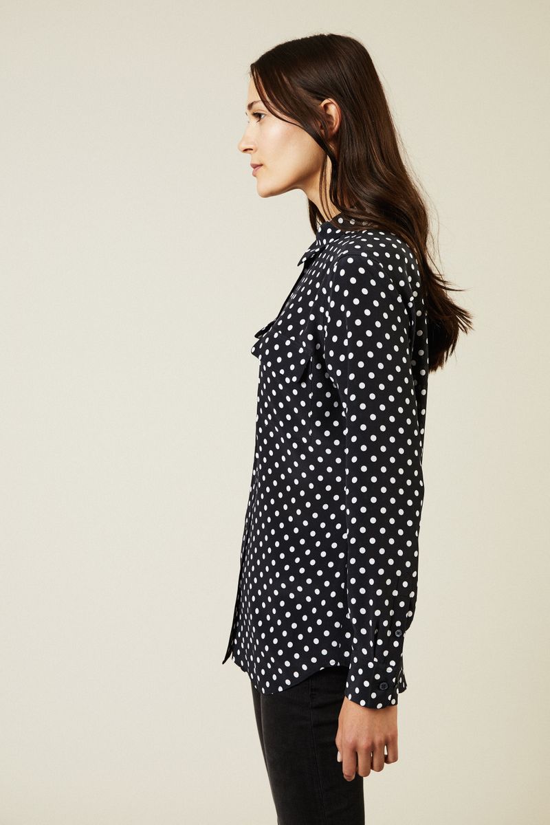 Gepunktete Seidenbluse 'Slim Signature' Blau/Weiß