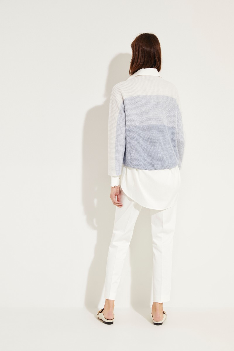 Cashmere-Leinen-Pullover Blau/Weiß