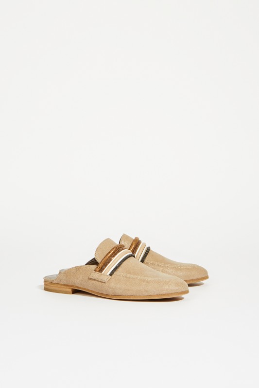 Leder-Mule mit Perlenverzierung Beige
