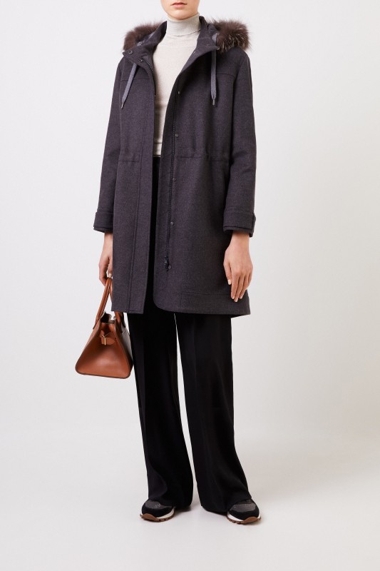 Brunello Cucinelli Woll-Cashmere-Parka mit Pelzkragen Anthrazit