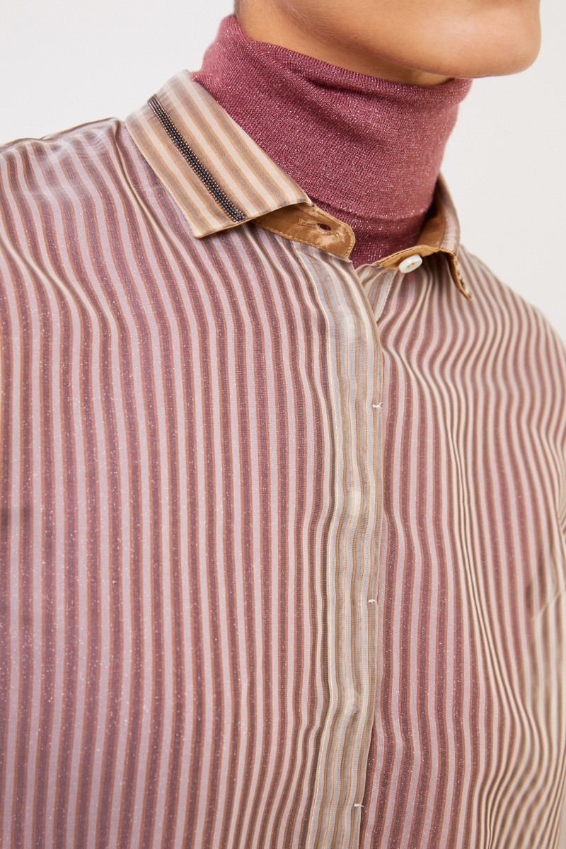 Brunello Cucinelli Gestreifte Seidenbluse mit Perlenverzierung Beige/Grau