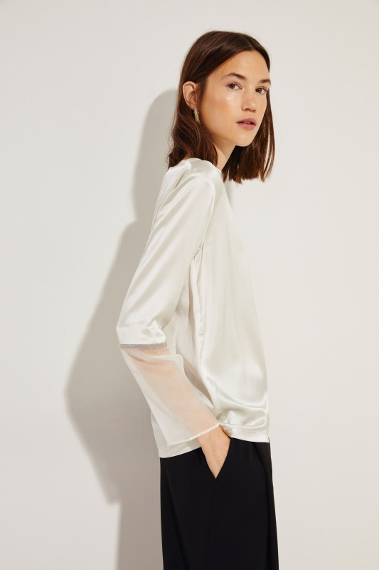 Seiden-Bluse mir transparenten Details Créme