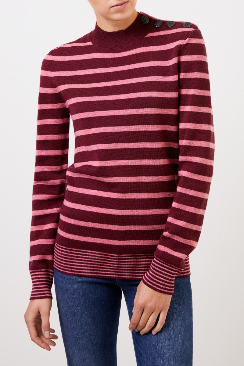 Stella McCartney Gestreifter Woll-Pullover mit Knopf-Detail Burgundy/Pink