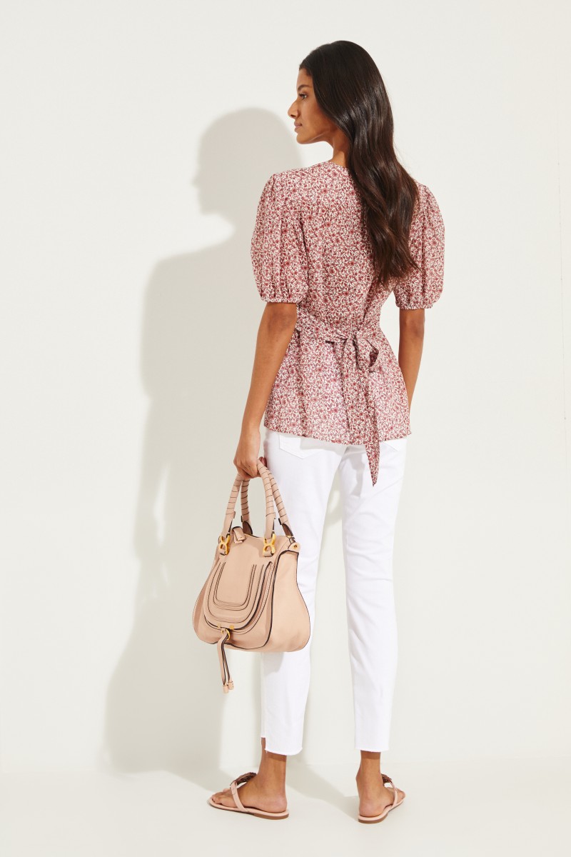 Baumwoll-Seiden-Top mit floralem Print Rot/Multi