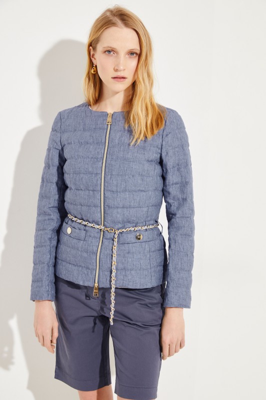 Leinen-Daunenjacke mit Gürteldetail Blau