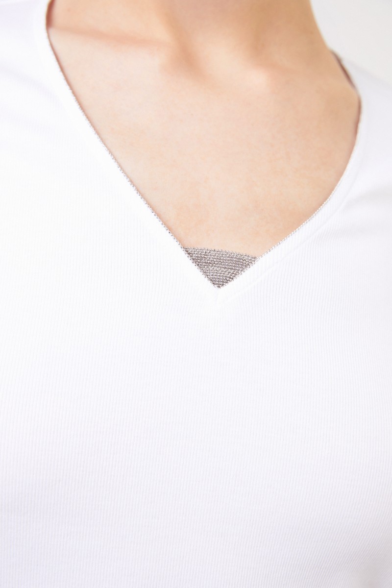 Feinripp-Shirt mit Perlenverzierung Weiß