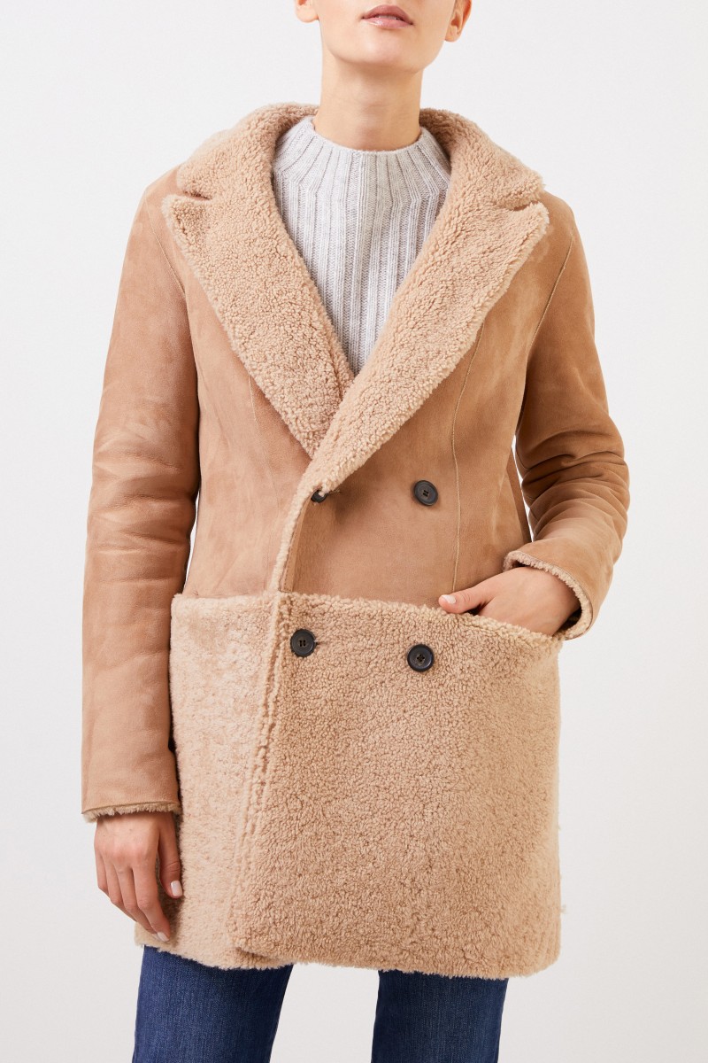 UNGER Zweireihiger Wende-Lammfellmantel Beige