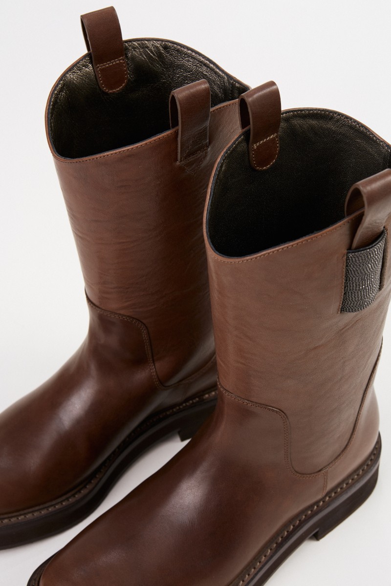 Leder-Stiefel mit Perlenverzierung Braun