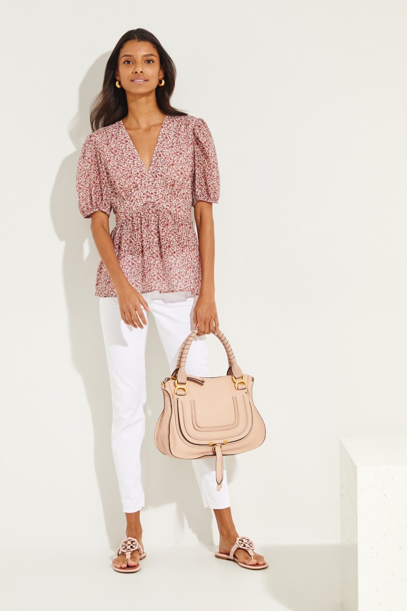 Baumwoll-Seiden-Top mit floralem Print Rot/Multi