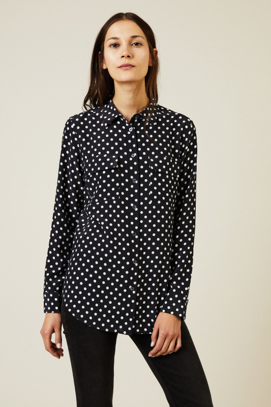 Gepunktete Seidenbluse 'Slim Signature' Blau/Weiß