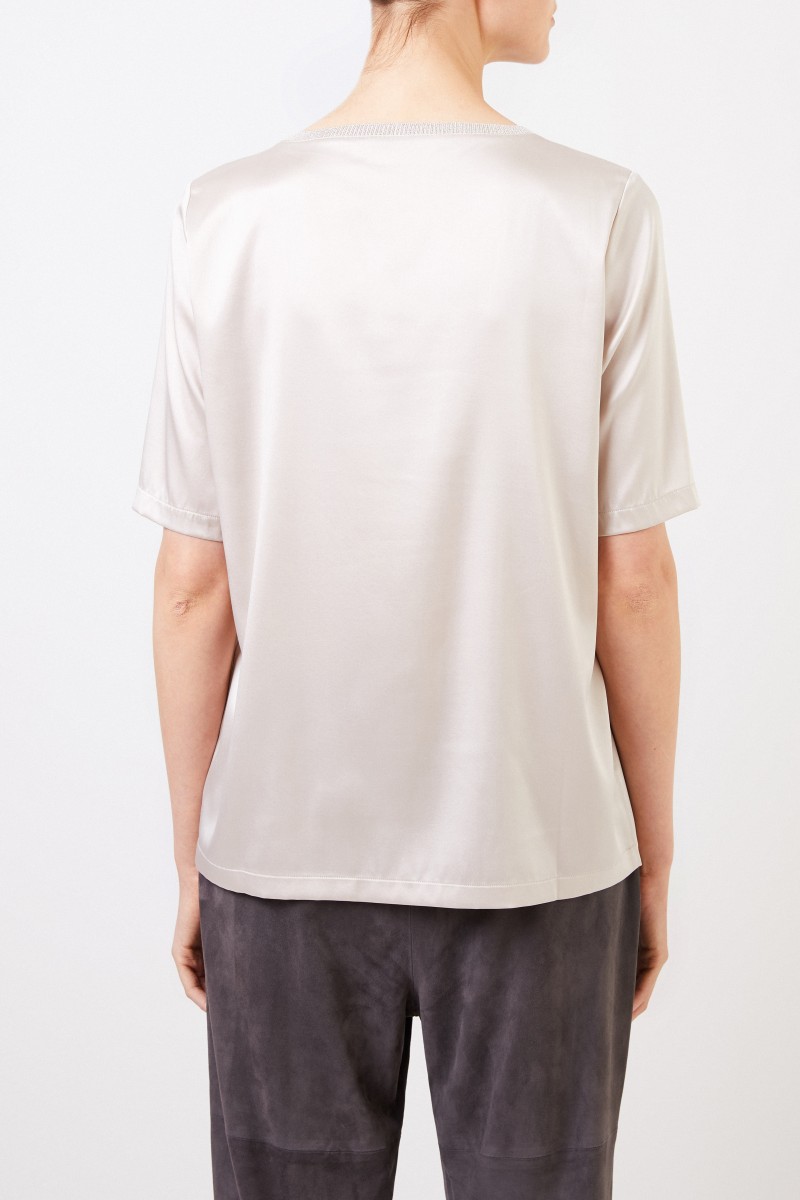 Seiden-Shirt mit Strickkragen Beige