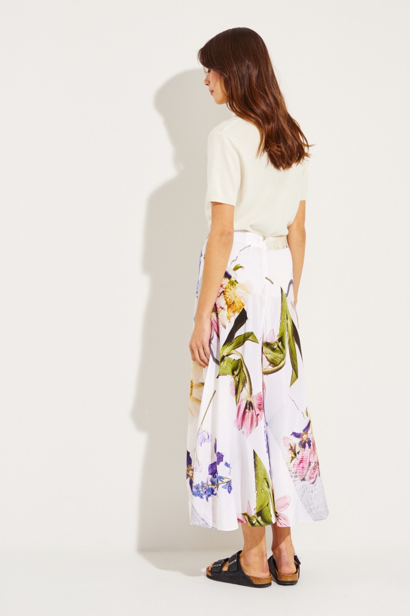 Seiden-Rock mit floralem Print Weiß/Multi