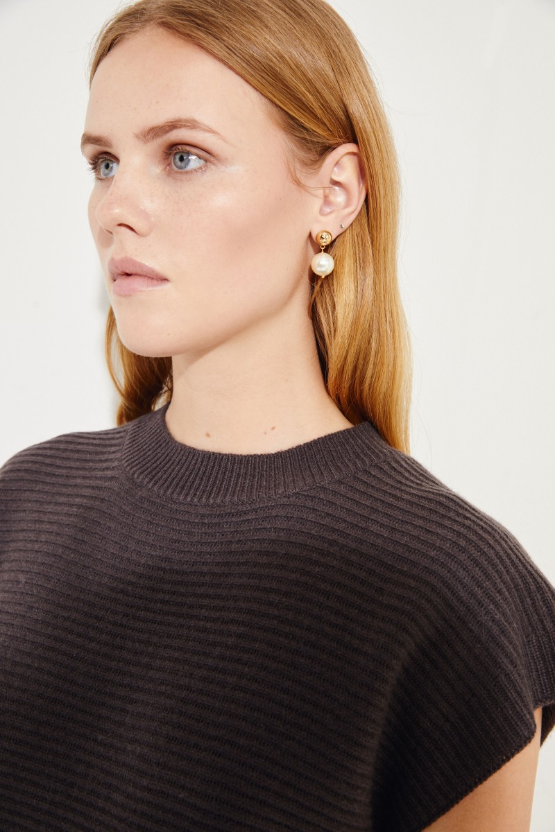 Kurzarm Woll-Cashmere-Pullover Dunkelbraun