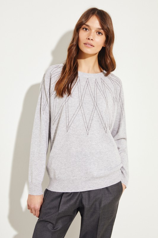 Brunello Cucinelli Cashmere-Pullover mit Perlenverzierung Grau