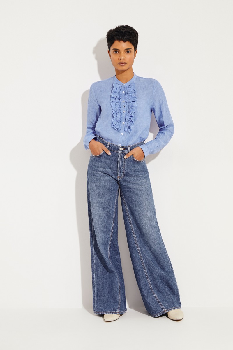 Leinen-Bluse mit Rüschen Blau