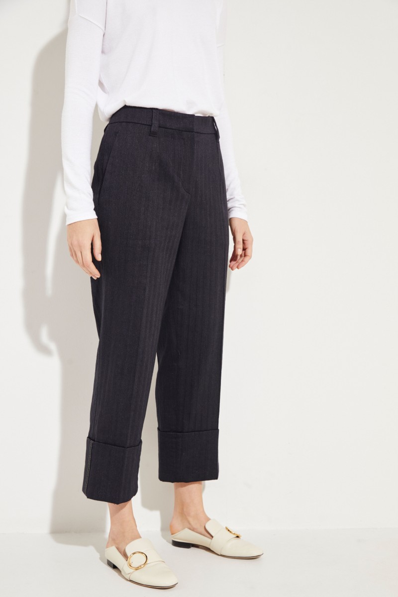 Baumwoll-Leinen-Hose mit Saumumschlag Schwarz