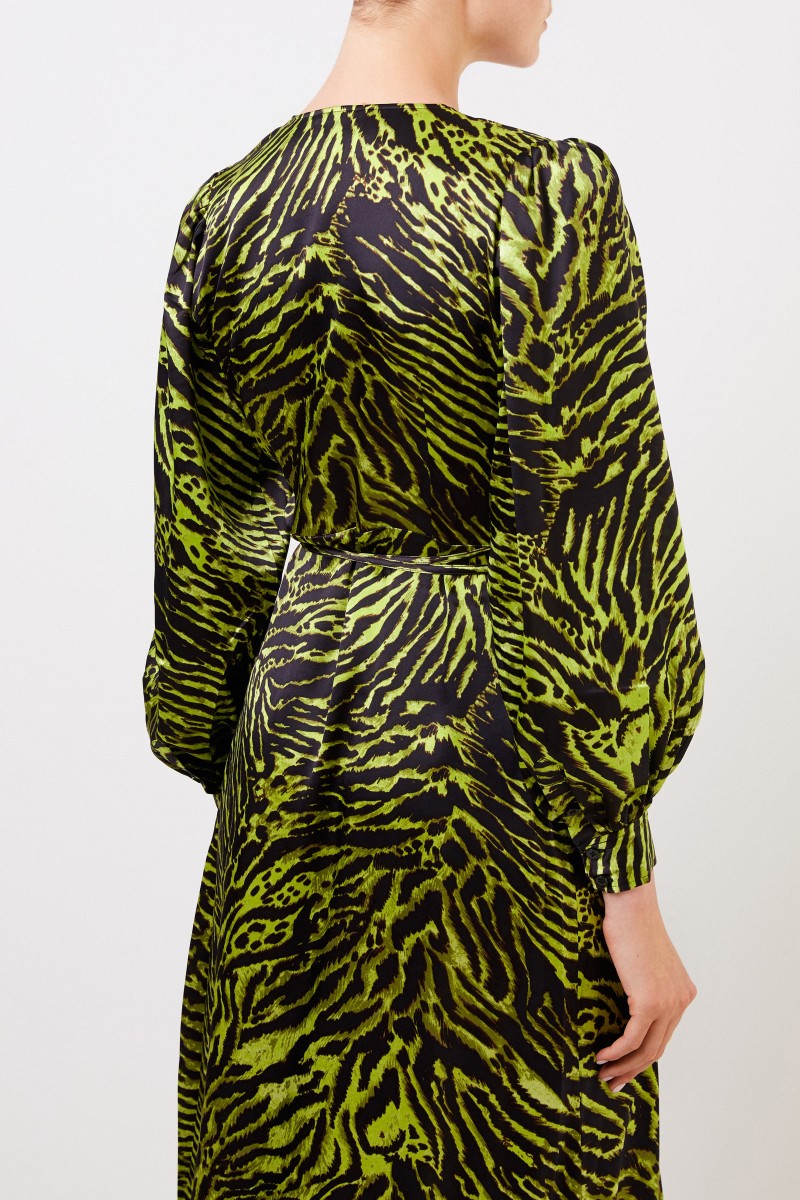 Ganni Seiden-Wickelkleid mit Tigerprint Multi