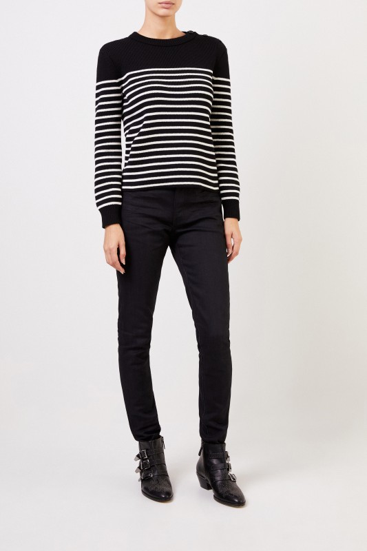 Gestreifter Pullover mit Knopfdetails Schwarz/Weiß