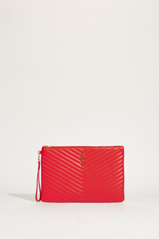 Gesteppte Leder-Clutch L mit Logo Rot