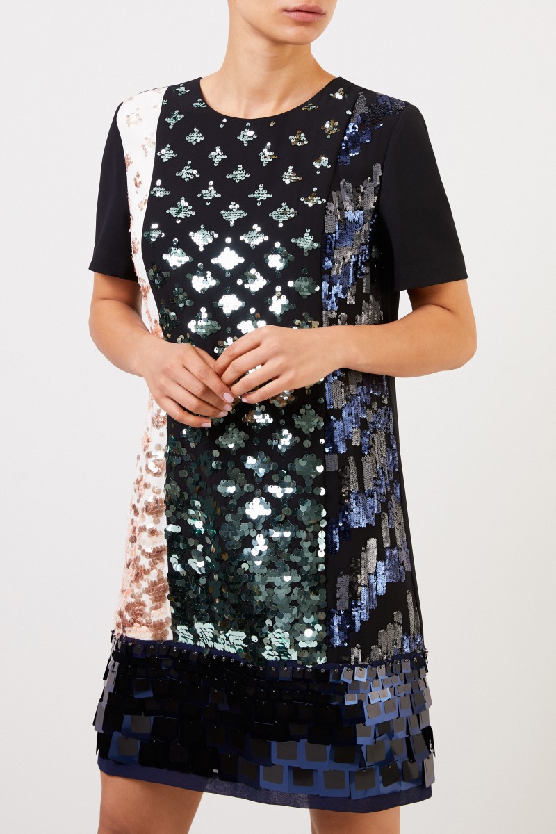 Tory Burch Kurzes Kleid mit Pailletten-Patches Schwarz/Multi