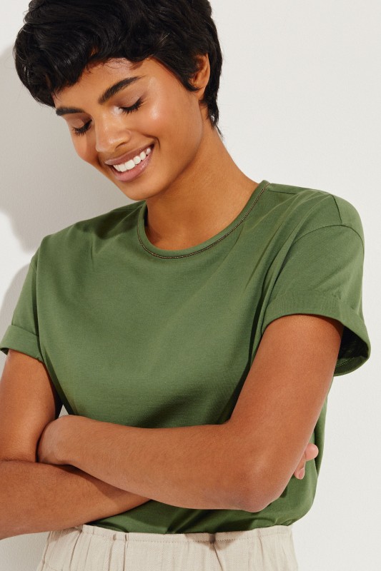 Baumwoll T-Shirt mit Perlen-Details Grün