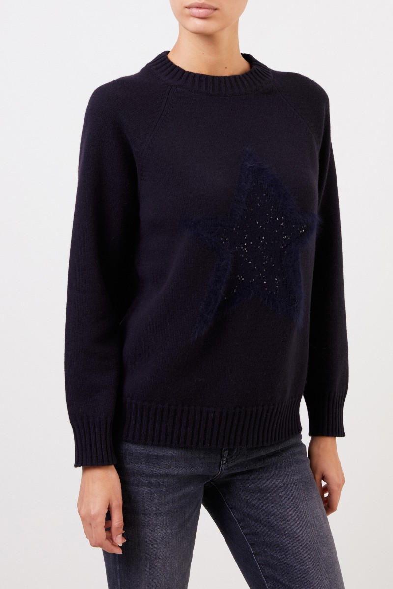 Woll-Pullover mit Sterndetail Marineblau