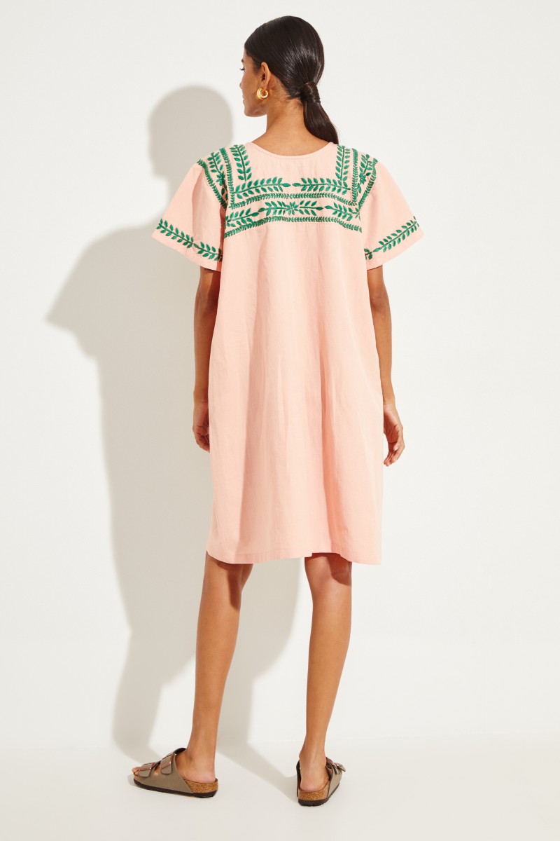 Baumwoll-Leinen-Kleid 'San Pedro' mit Stickerei Orange/Grün