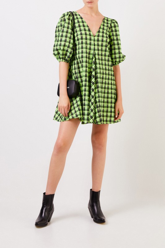 Ganni Kariertes Kleid mit V-Neck Grün/Schwarz