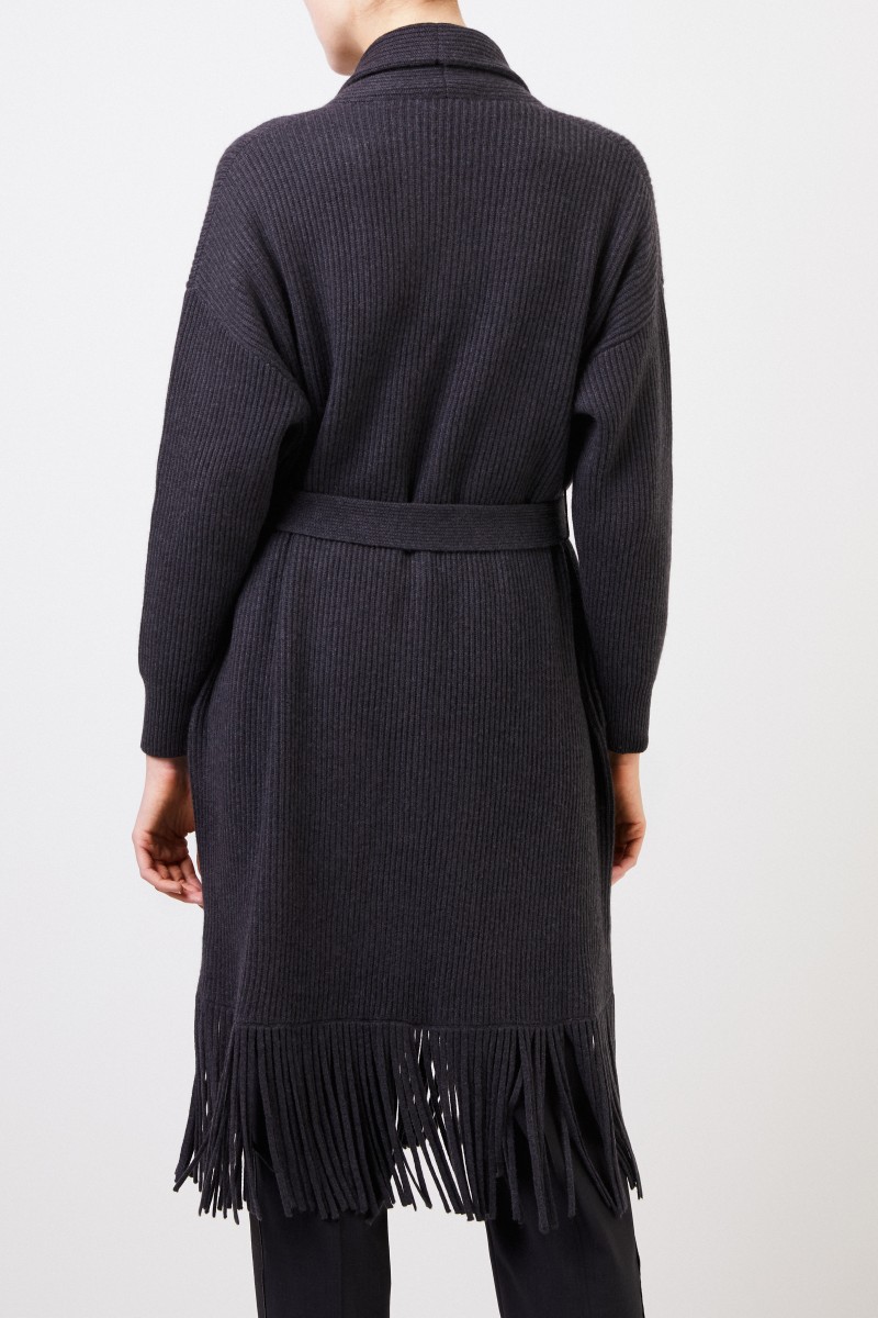 Brunello Cucinelli Langer Cashmere-Cardigan mit Gürtel Anthrazit
