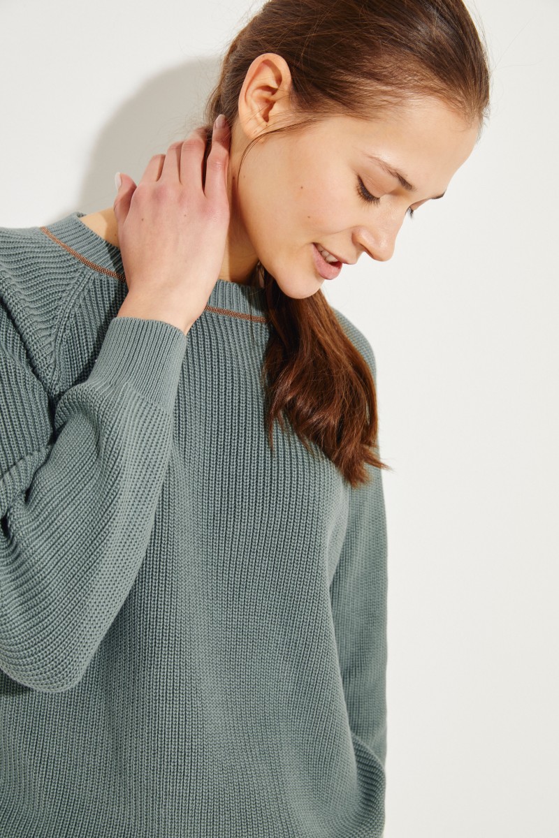 Baumwoll-Pullover mit Perlenverzierung Salbei