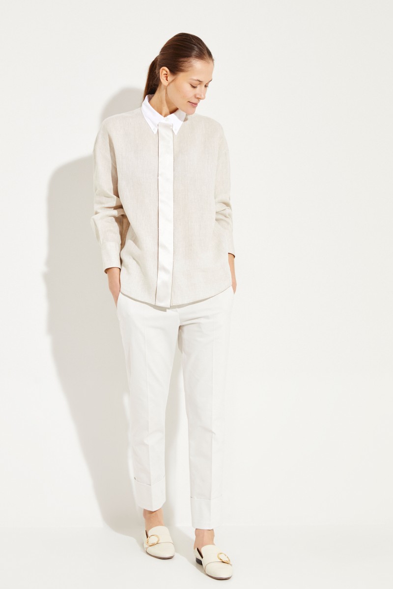 Leinen-Bluse mit Perlenverzierung Beige