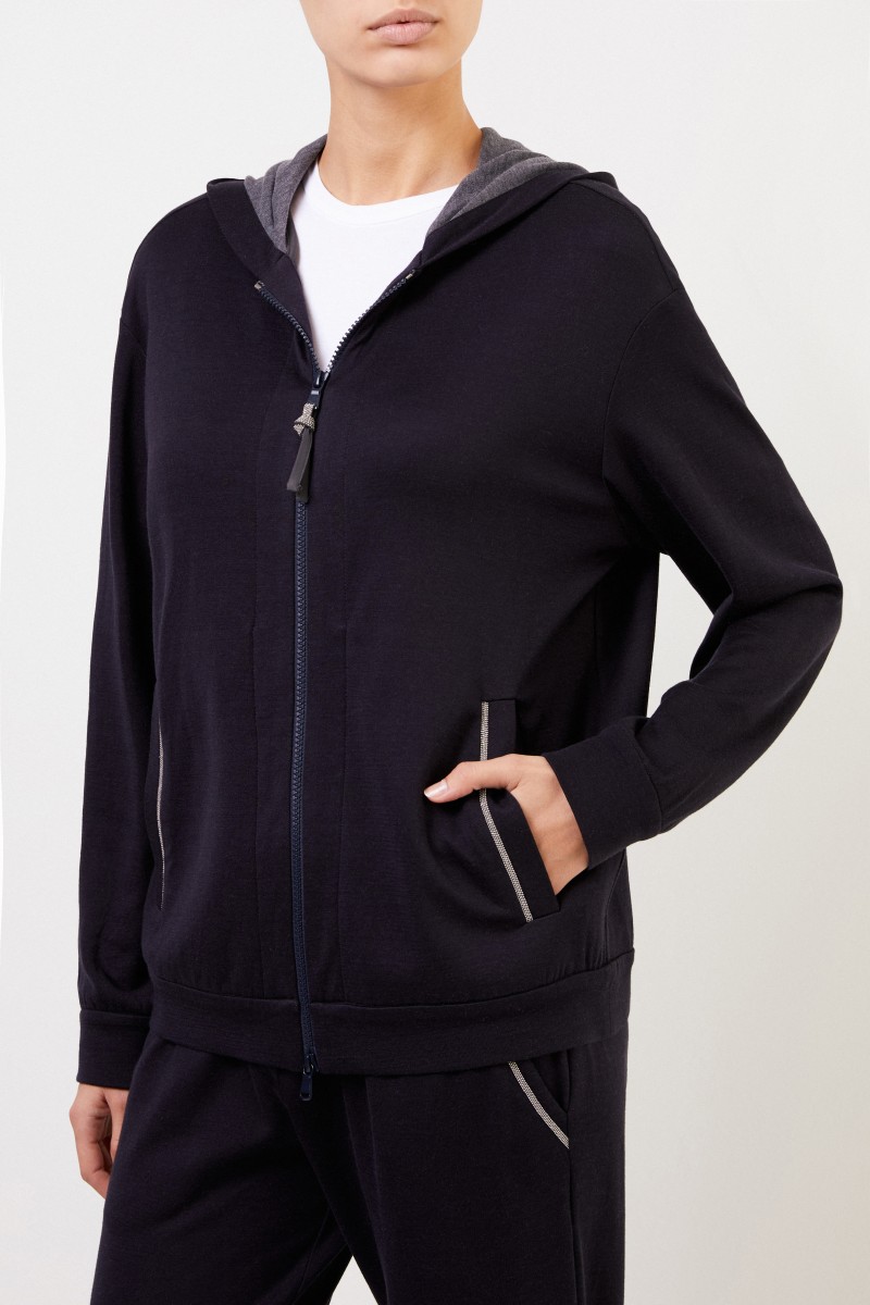 Brunello Cucinelli Baumwollhoodie mit Perlenverzierung Marineblau