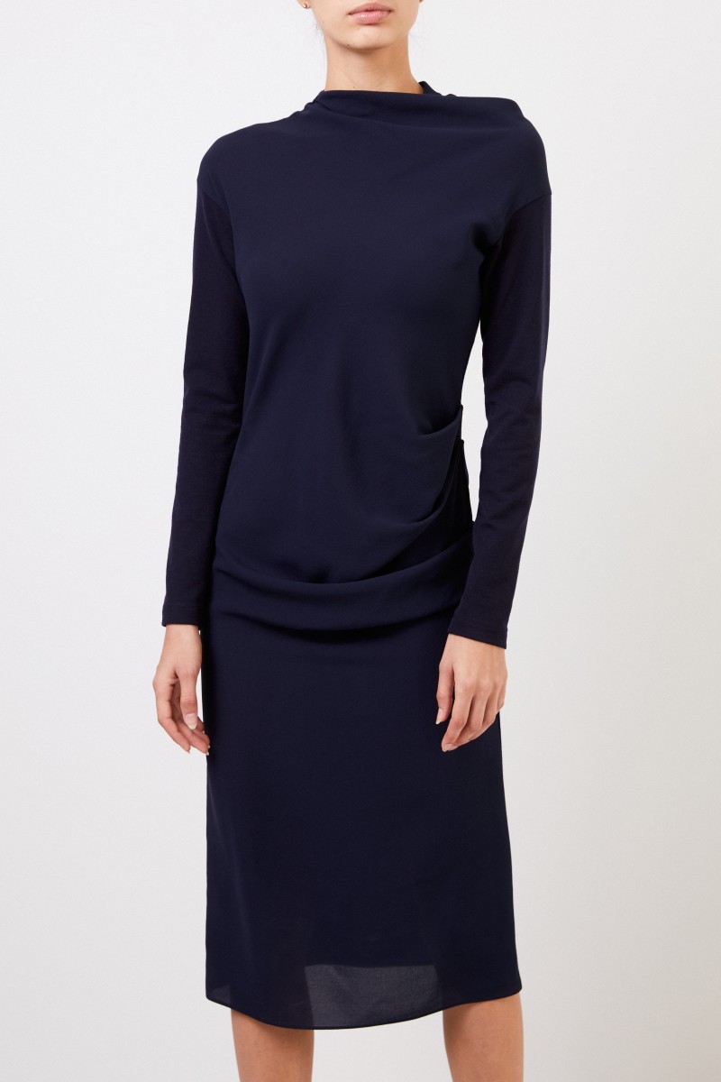 Midi-Wollkleid mit Faltendetails Marineblau