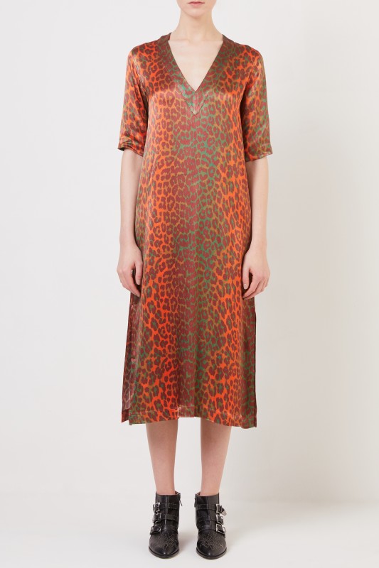 Satin-Kleid mit Leoprint Orange/Grün