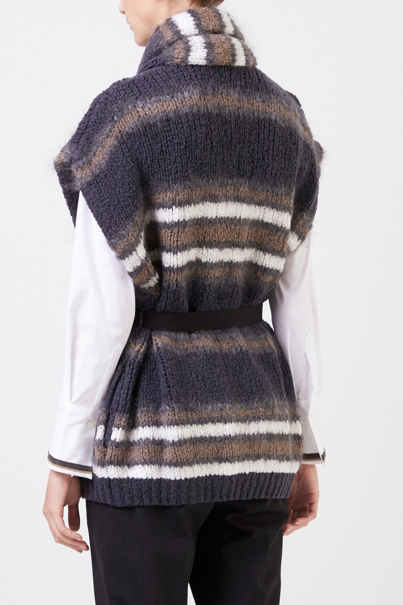 Brunello Cucinelli Kurzarm Woll-Cardigan mit Gürtel Grau/Multi