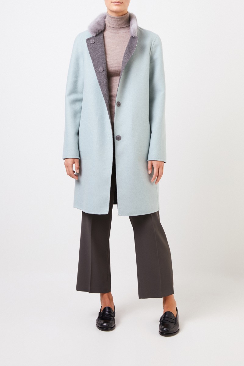 Manzoni 24 Wende-Cashmere-Wollmantel mit Nerzkragen Grau/Hellblau