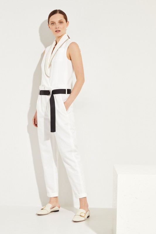 Baumwoll-Leinen-Jumpsuit mit Paillettendetails Weiß