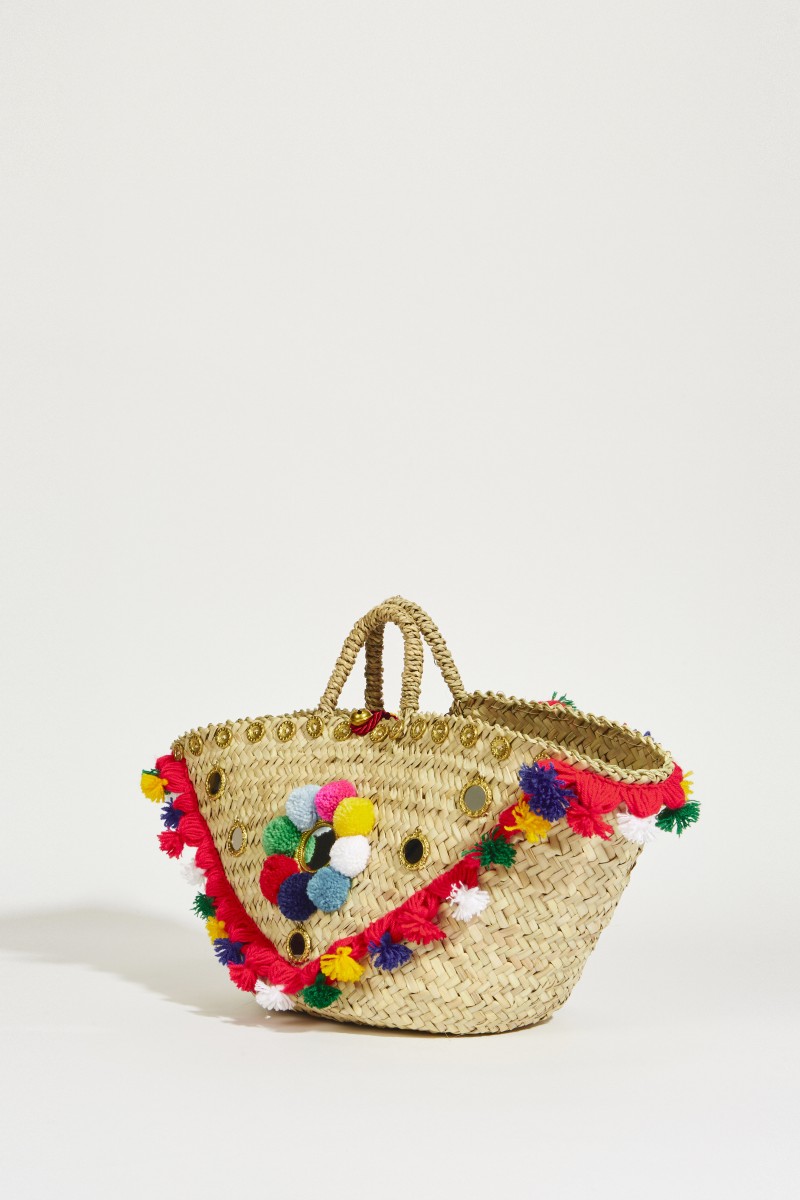 Korb-Tasche mit Pompoms Multi
