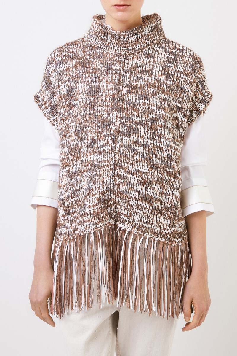 Brunello Cucinelli Poncho mit Fransendetails Braun/Multi