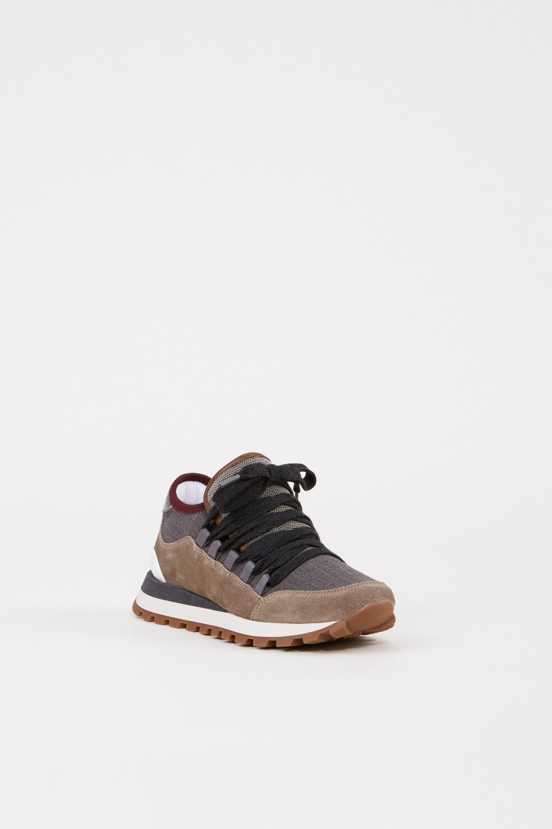 Brunello Cucinelli Veloursleder-Sneaker mit Perlenverzierung Taupe/Multi