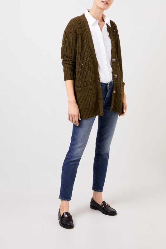 Steffen Schraut Woll-Alpaka Cardigan mit Paillettenverzierung Khaki