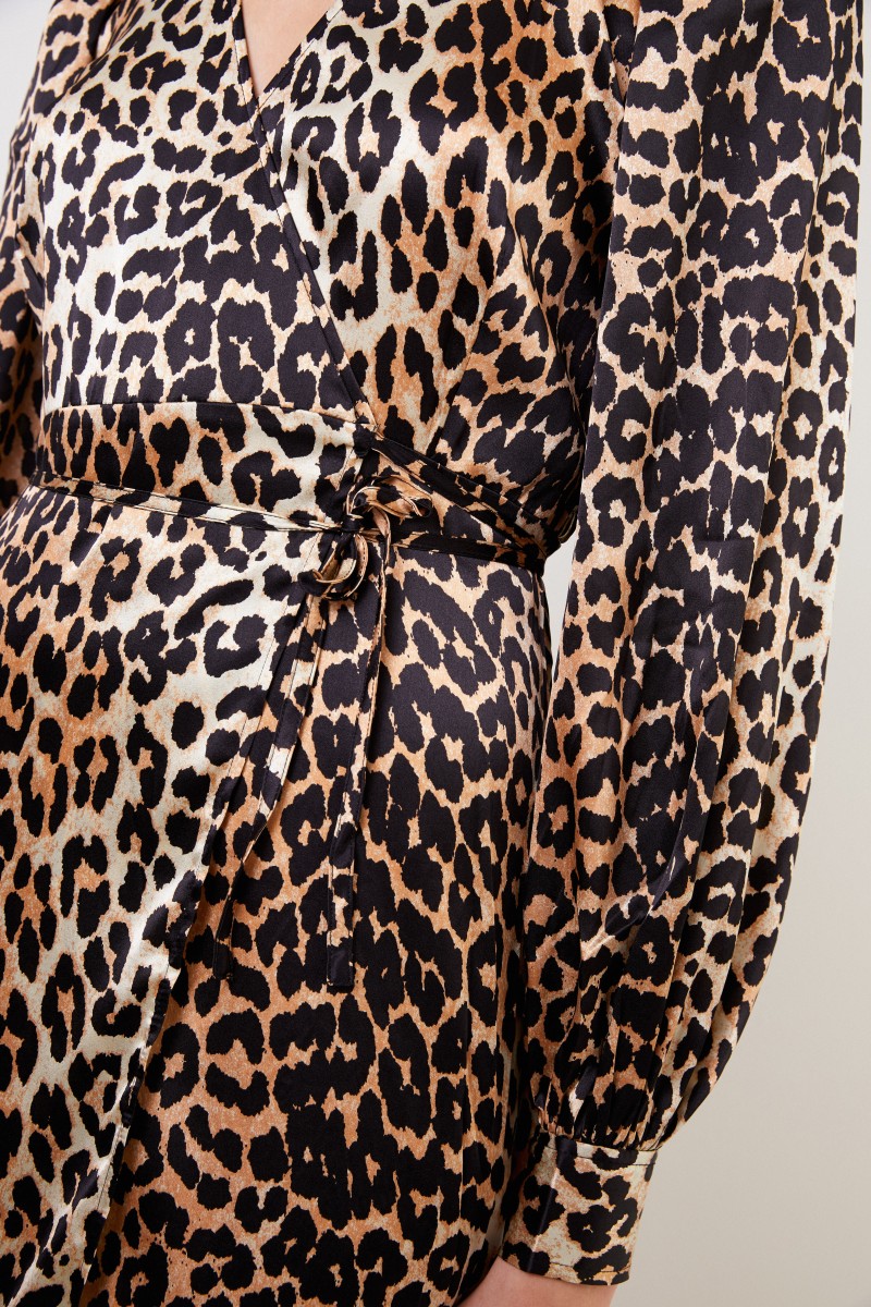 Ganni Seiden-Wickelkleid mit Leoprint Multi