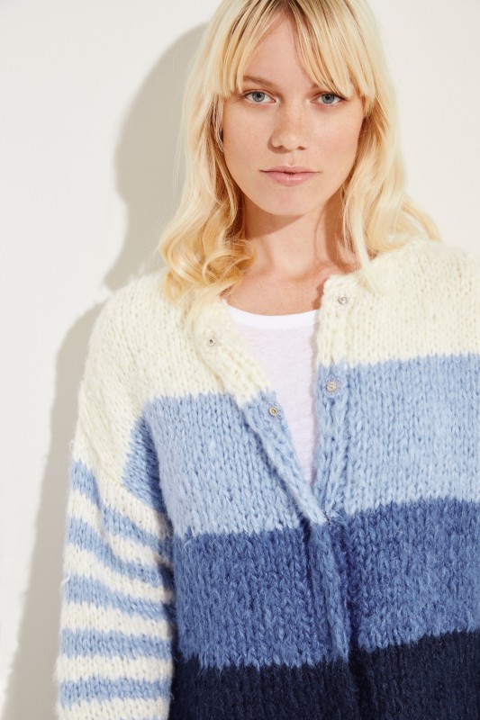Seiden-Leinen-Cardigan 'Steff' Weiß/Blau