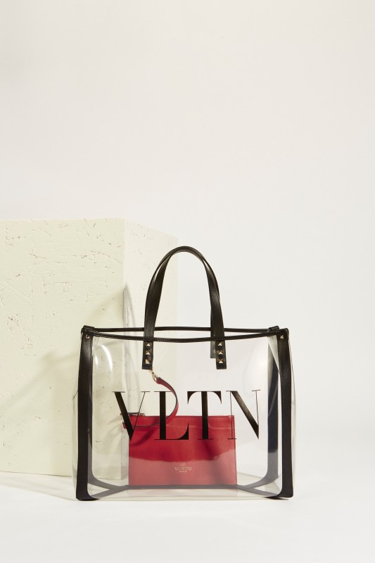 Shopper 'VLTN' mit Lederdetails Transparent/Schwarz