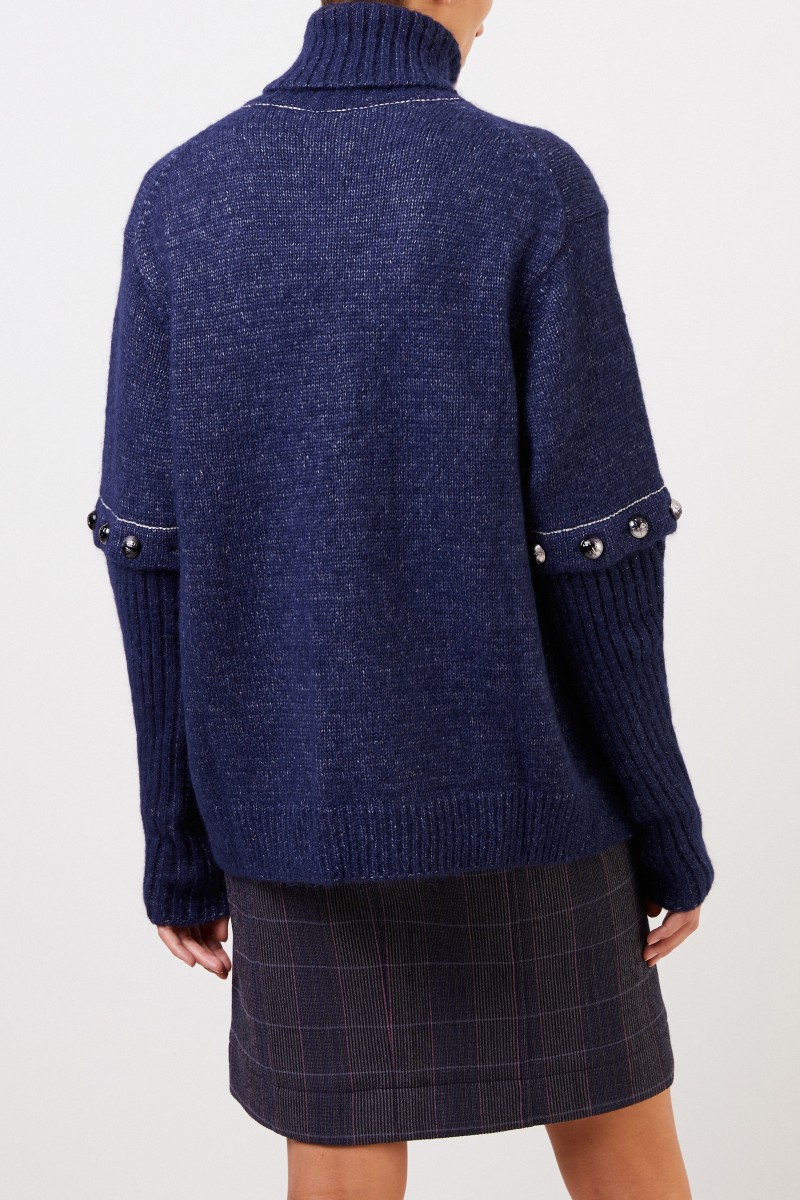 Chloé Alpaka-Seiden-Pullover mit geknöpften Ärmeln Marineblau
