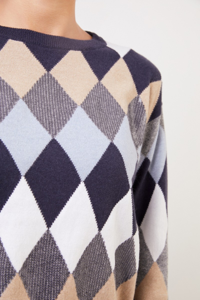 Brunello Cucinelli Woll-Pullover mit Karomuster Blau/Multi