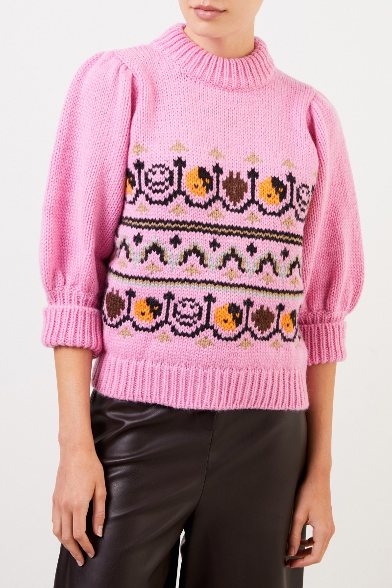 Ganni Handstrick Woll-Alpaca-Pullover mit Muster Pink/Multi